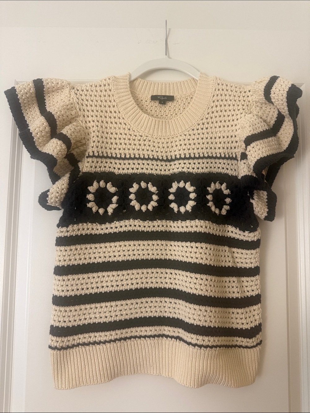 Rails cream and navy Striped Crochet Puff-Sleeve Sweater size S